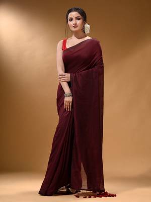Maroon Cotton Handspun Soft Saree With Pompom 2