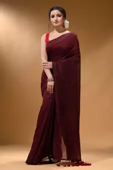Maroon Cotton Handspun Soft Saree With Pompom
