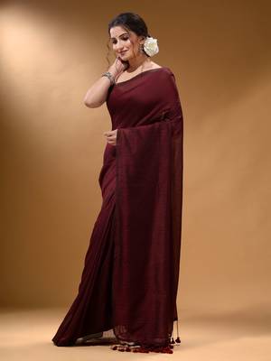Maroon Cotton Handspun Soft Saree With Pompom 3