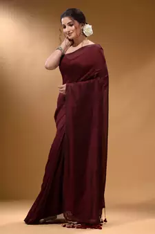 Maroon Cotton Handspun Soft Saree With Pompom