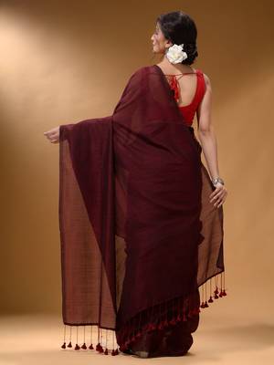 Maroon Cotton Handspun Soft Saree With Pompom 4