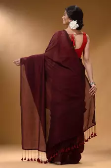 Maroon Cotton Handspun Soft Saree With Pompom