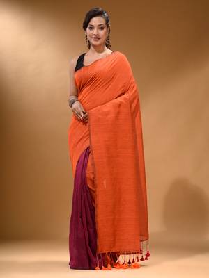 Orange And Magenta Half N Half Cotton Handspun Soft Saree With Pompom 1