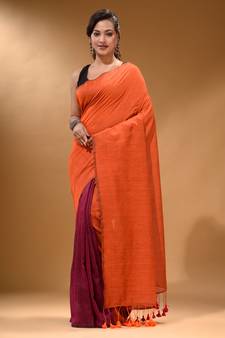 Orange And Magenta Half N Half Cotton Handspun Soft Saree With Pompom