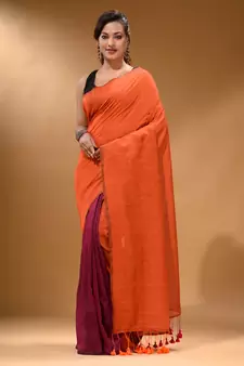 Orange And Magenta Half N Half Cotton Handspun Soft Saree With Pompom
