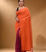 Orange And Magenta Half N Half Cotton Handspun Soft Saree With Pompom