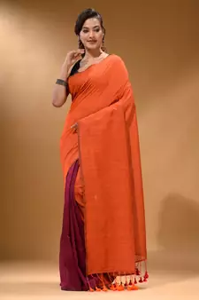Orange And Magenta Half N Half Cotton Handspun Soft Saree With Pompom