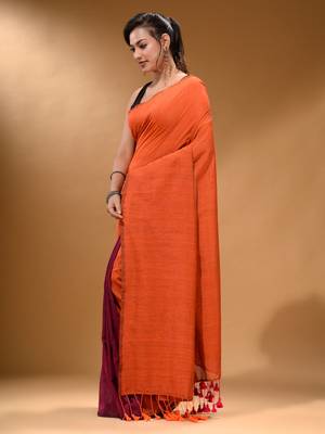 Orange And Magenta Half N Half Cotton Handspun Soft Saree With Pompom 3