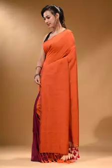 Orange And Magenta Half N Half Cotton Handspun Soft Saree With Pompom