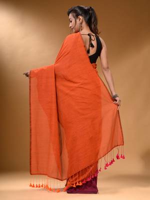 Orange And Magenta Half N Half Cotton Handspun Soft Saree With Pompom 4