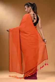 Orange And Magenta Half N Half Cotton Handspun Soft Saree With Pompom
