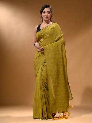 Lime Green Cotton Handspun Soft Saree With Pompom 1