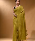 Lime Green Cotton Handspun Soft Saree With Pompom