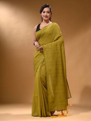 Lime Green Cotton Handspun Soft Saree With Pompom 2