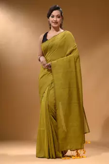 Lime Green Cotton Handspun Soft Saree With Pompom