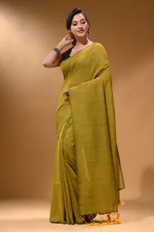 Lime Green Cotton Handspun Soft Saree With Pompom