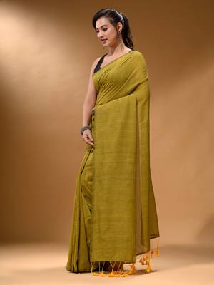 Lime Green Cotton Handspun Soft Saree With Pompom 4