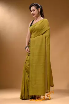 Lime Green Cotton Handspun Soft Saree With Pompom