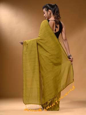 Lime Green Cotton Handspun Soft Saree With Pompom 5