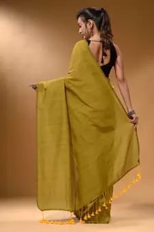 Lime Green Cotton Handspun Soft Saree With Pompom