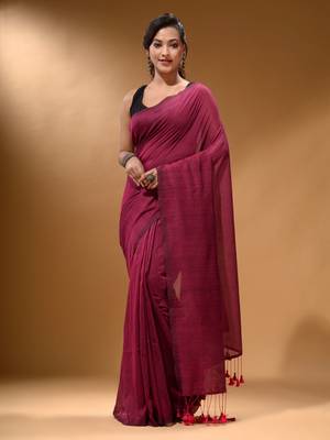 Fuchsia Cotton Handspun Soft Saree With Pompom 1