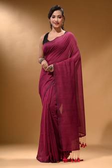 Fuchsia Cotton Handspun Soft Saree With Pompom