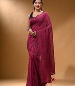 Fuchsia Cotton Handspun Soft Saree With Pompom