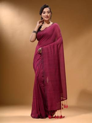 Fuchsia Cotton Handspun Soft Saree With Pompom 2