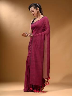 Fuchsia Cotton Handspun Soft Saree With Pompom 3