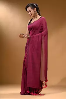 Fuchsia Cotton Handspun Soft Saree With Pompom