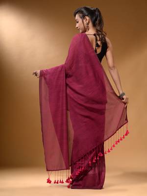Fuchsia Cotton Handspun Soft Saree With Pompom 4