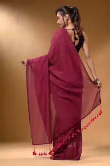Fuchsia Cotton Handspun Soft Saree With Pompom