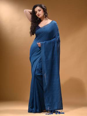 Yale Blue Cotton Handspun Soft Saree With Pompom 1