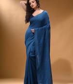 Yale Blue Cotton Handspun Soft Saree With Pompom