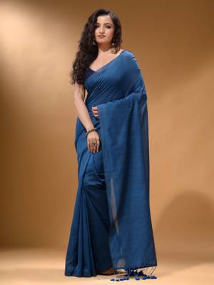 Yale Blue Cotton Handspun Soft Saree With Pompom 2