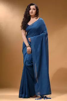 Yale Blue Cotton Handspun Soft Saree With Pompom