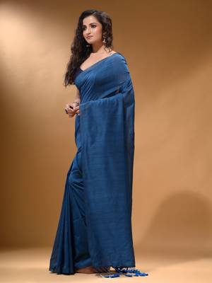 Yale Blue Cotton Handspun Soft Saree With Pompom 3