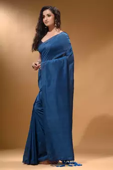 Yale Blue Cotton Handspun Soft Saree With Pompom