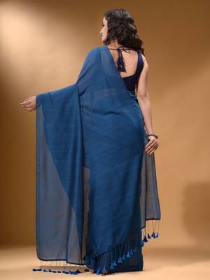 Yale Blue Cotton Handspun Soft Saree With Pompom 4