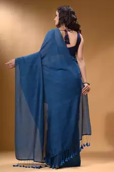 Yale Blue Cotton Handspun Soft Saree With Pompom