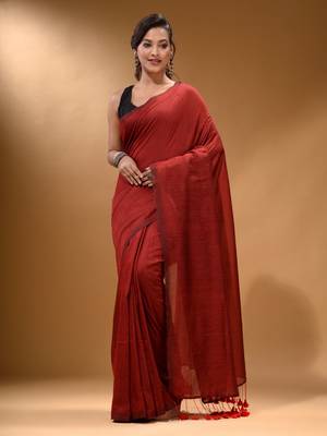 Red Cotton Handspun Soft Saree With Pompom 1