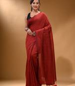 Red Cotton Handspun Soft Saree With Pompom