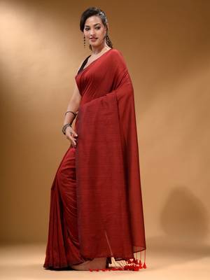 Red Cotton Handspun Soft Saree With Pompom 3