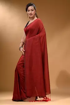 Red Cotton Handspun Soft Saree With Pompom