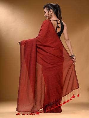 Red Cotton Handspun Soft Saree With Pompom 4