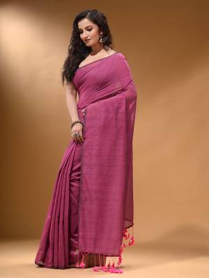 Lavender Cotton Handspun Soft Saree With Pompom 3