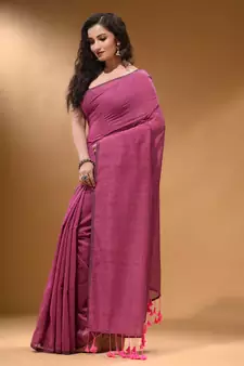 Lavender Cotton Handspun Soft Saree With Pompom