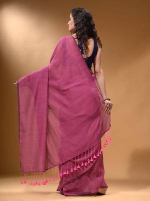 Lavender Cotton Handspun Soft Saree With Pompom 4