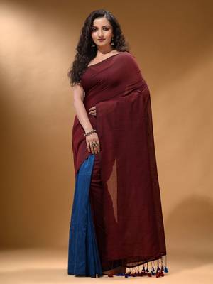 Maroon And Sapphire Blue Half N Half Cotton Handspun Soft Saree With Pompom 1