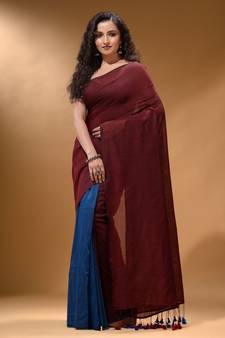 Maroon And Sapphire Blue Half N Half Cotton Handspun Soft Saree With Pompom